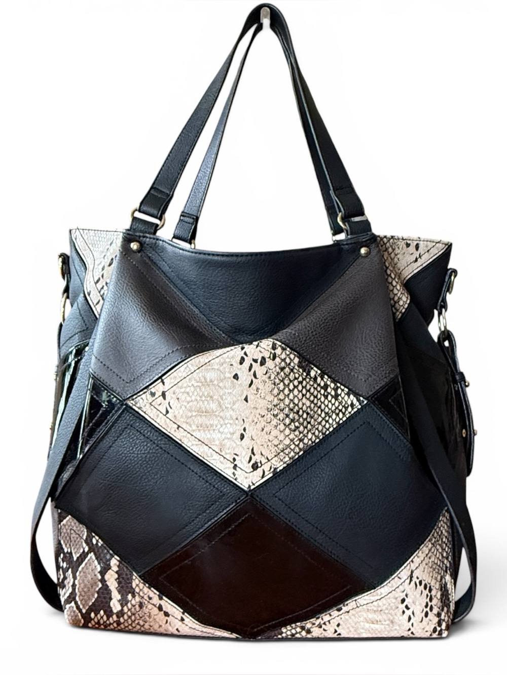 Big Buddha Multi Snakeskin Geometric Patchwork Tote Black Cream Brown